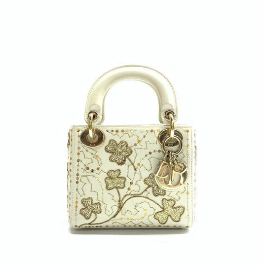 Lady Dior Mini 2018 Embroidered White Calfskin Leather Gold Beads Crossbody Bag