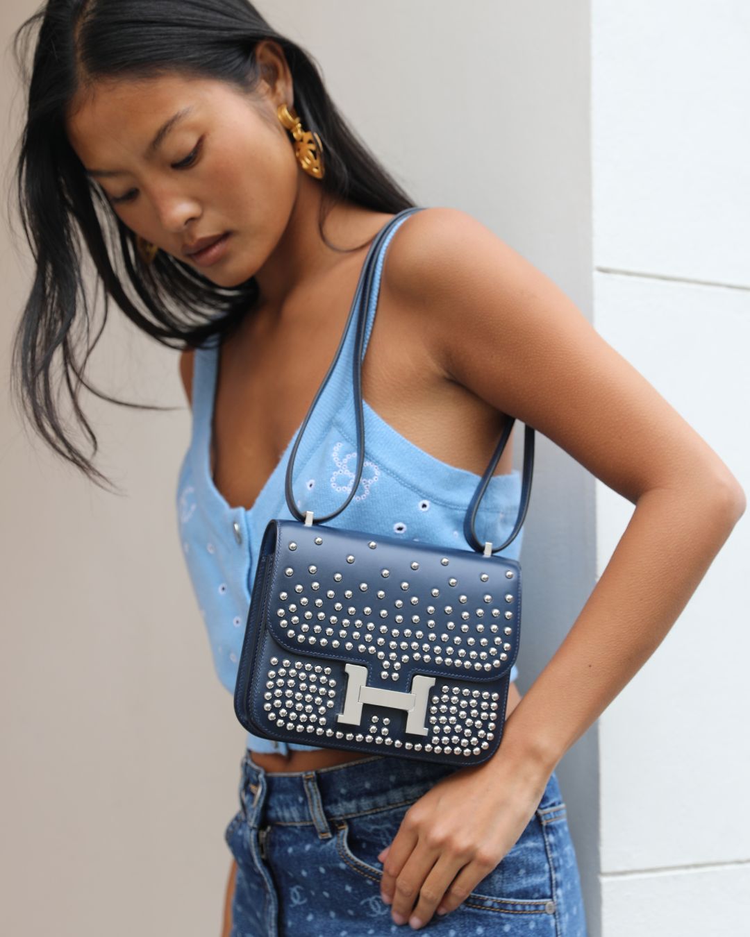 *LIMITED EDITION* Hermes Mini Constance Clouté III Miroir 18 Bag in Bleu Abysse Calfskin Box Leather with Palladium Hardware