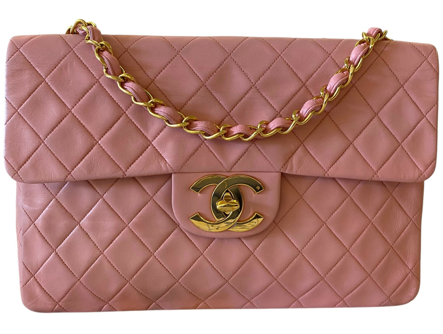 Chanel 90 s Barbie Pink Lambskin Maxi 24K Gold Hardware