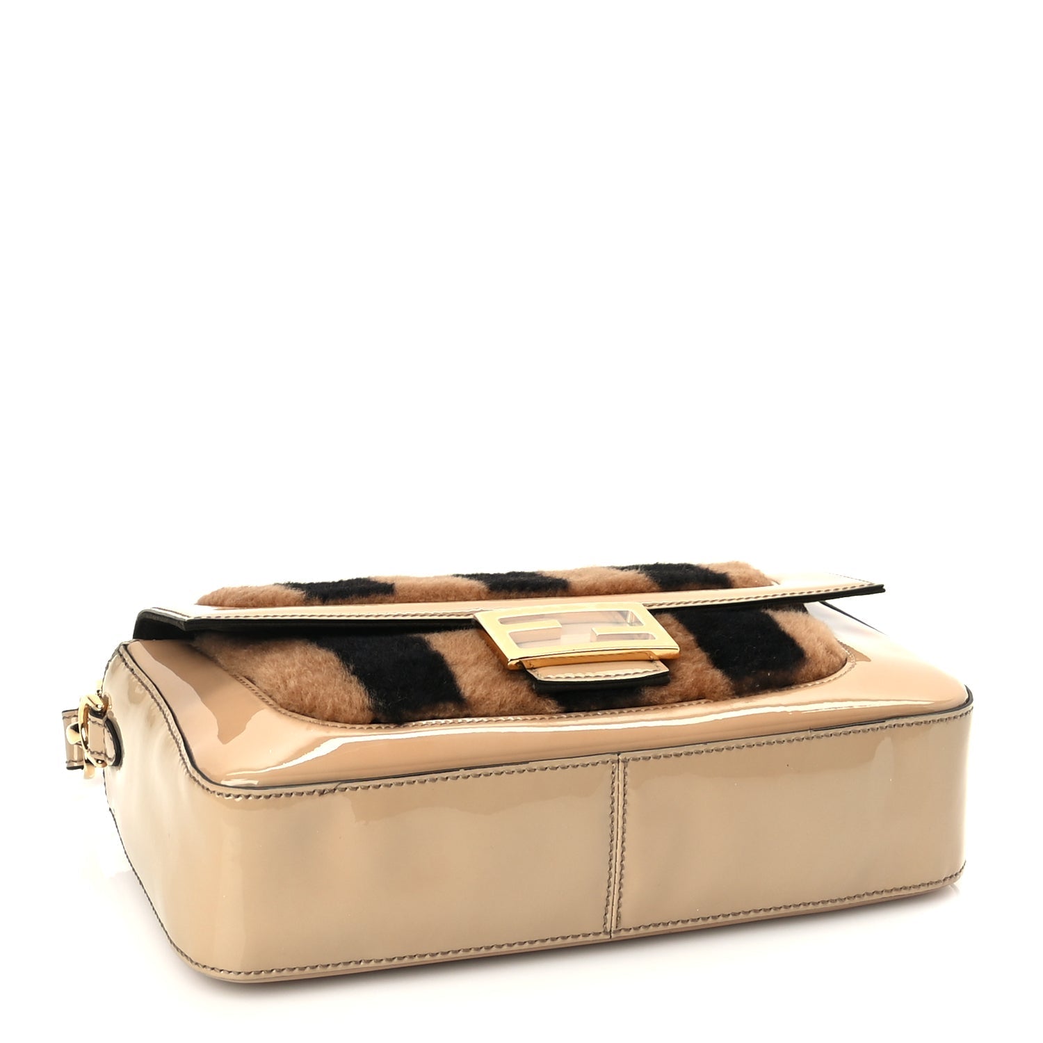 Fendi Shearling Vitello Vernice Mou Pequin Striped Baguette Tobacco Black Tortora