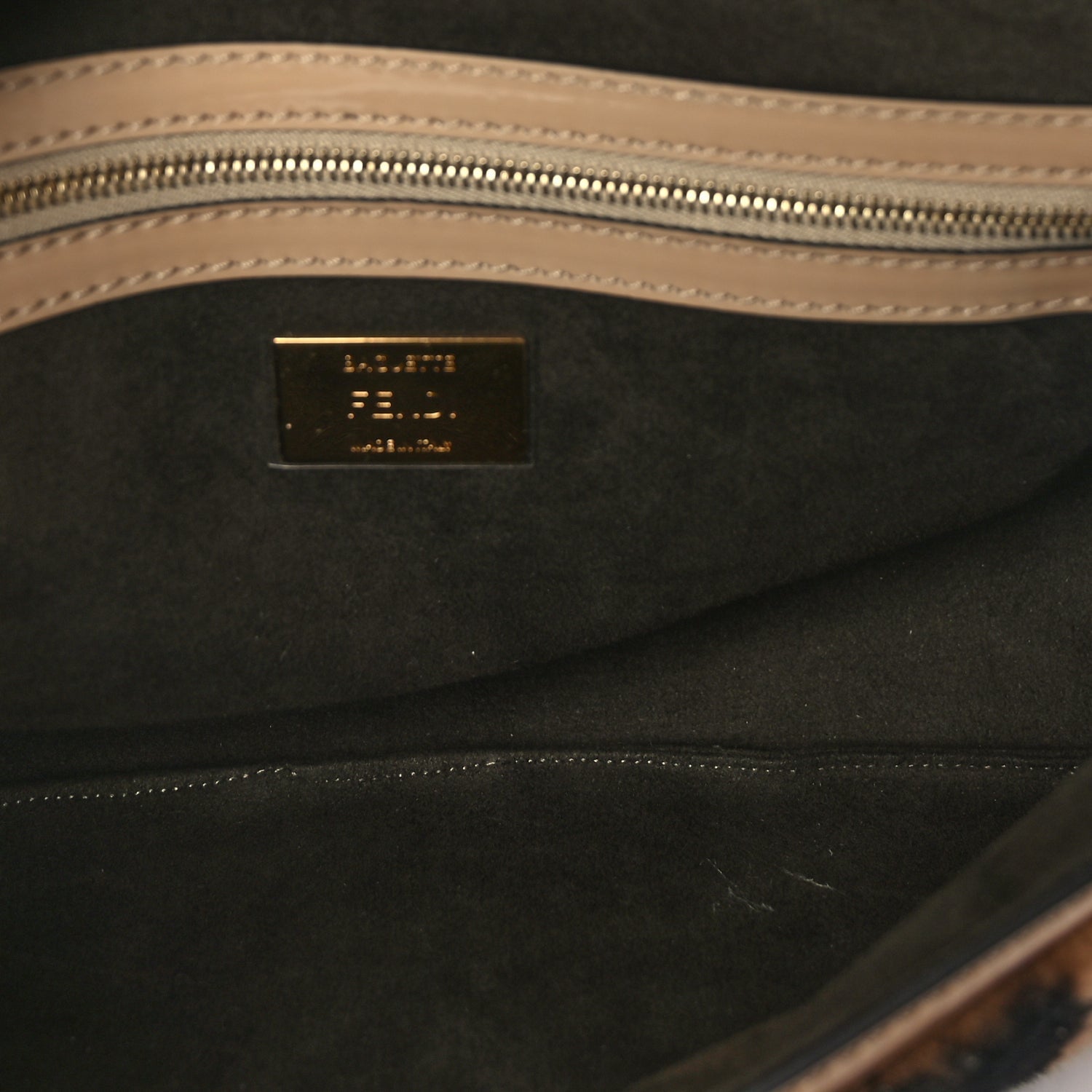 Fendi Shearling Vitello Vernice Mou Pequin Striped Baguette Tobacco Black Tortora