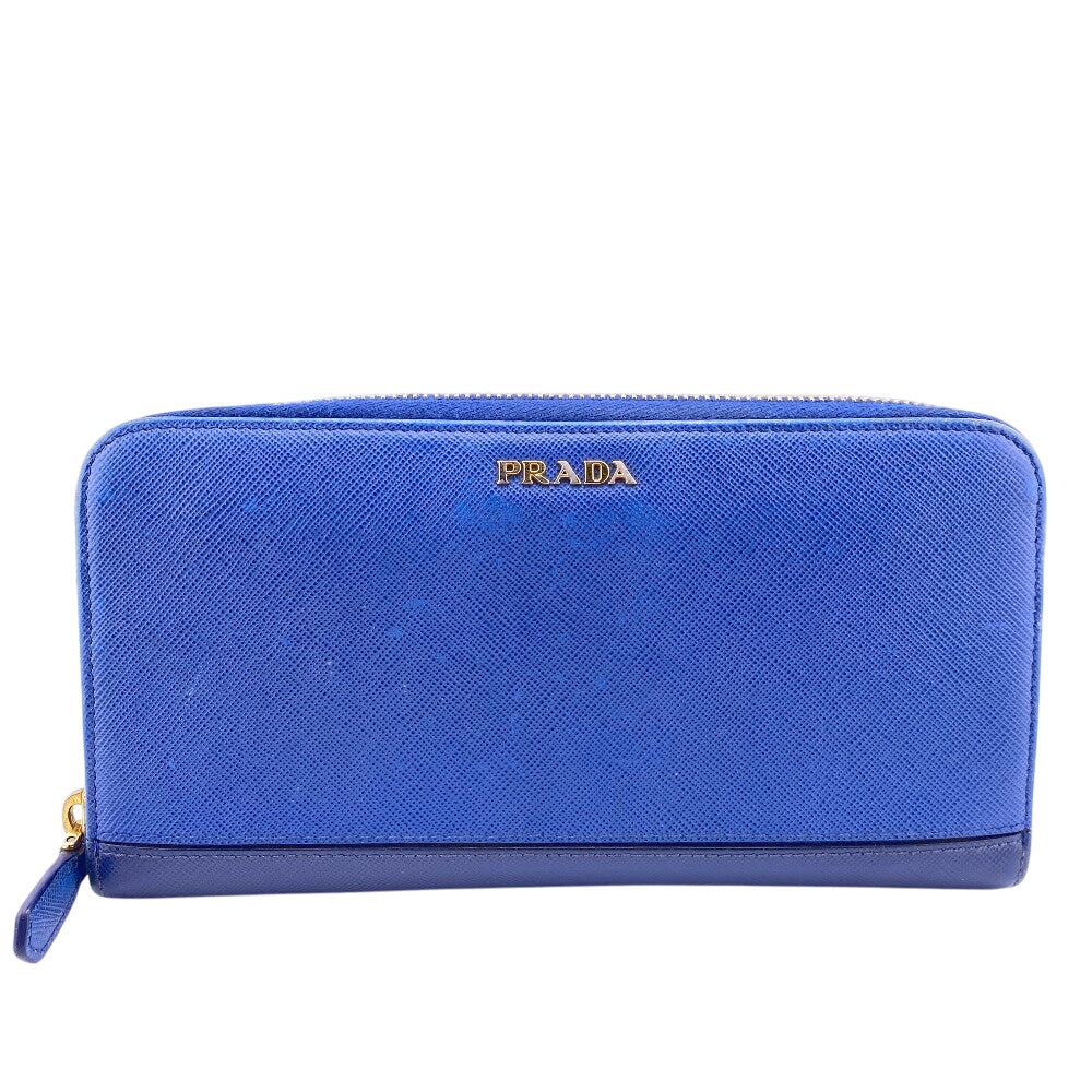 PRADA Long Wallet Purse leather blue Zip Around Bicolor logo Women