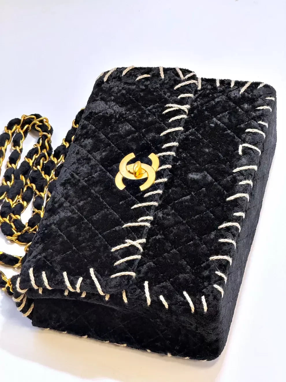 Chanel 1993 Black Velvet Whipstitch Flap Bag