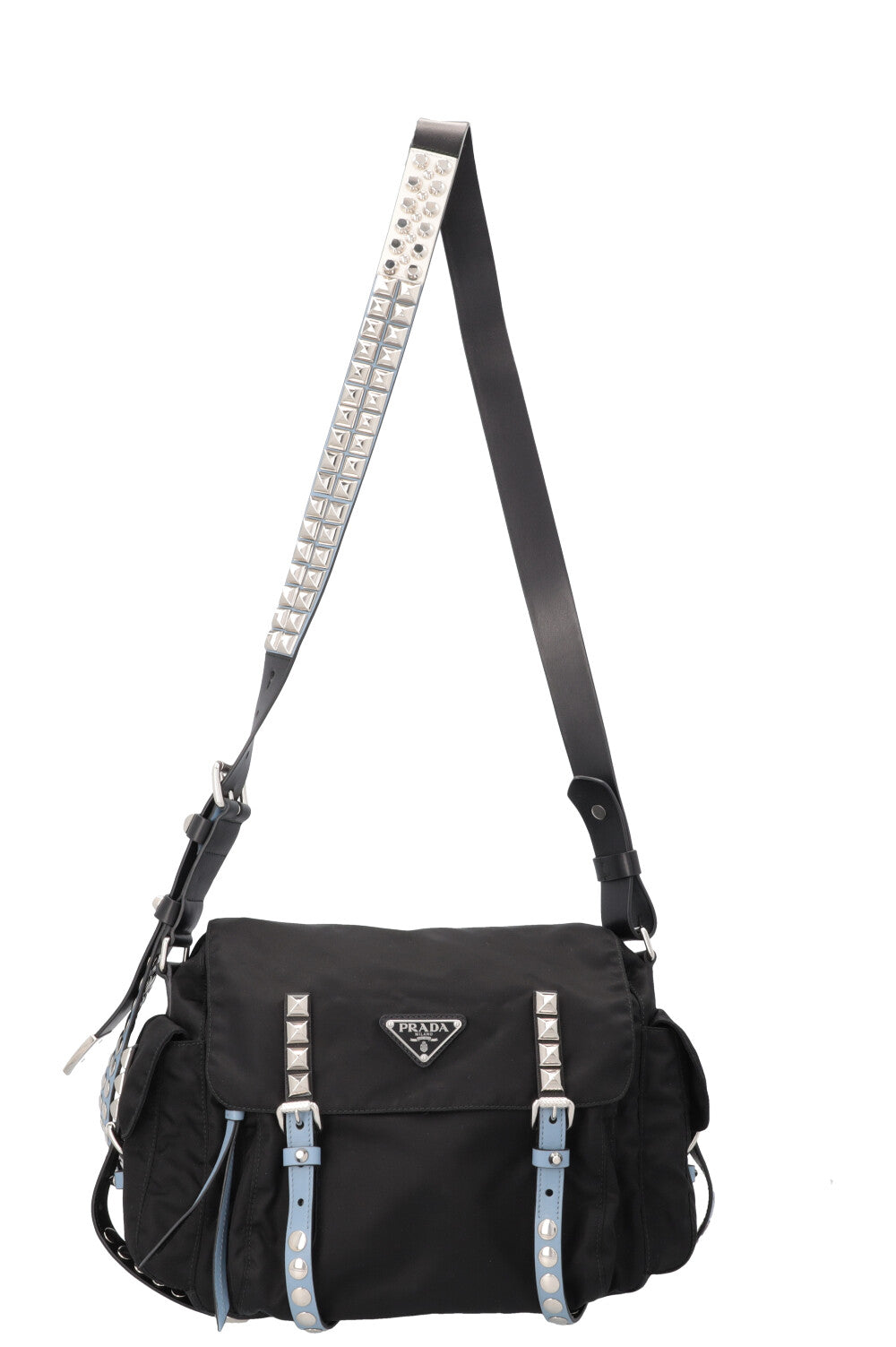 PRADA New Vela Studded Crossbody Bag Nylon Black Blue