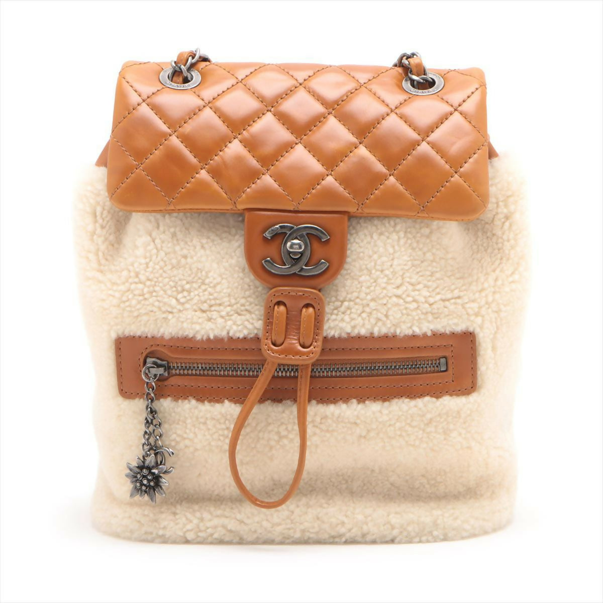 Chanel Camel Brown Lambskin Leather and Beige Shearling Diamond Quilting Backpack