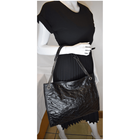 SAINT LAURENT Niki Large Crinkle Leather Shopper Tote Bag Black