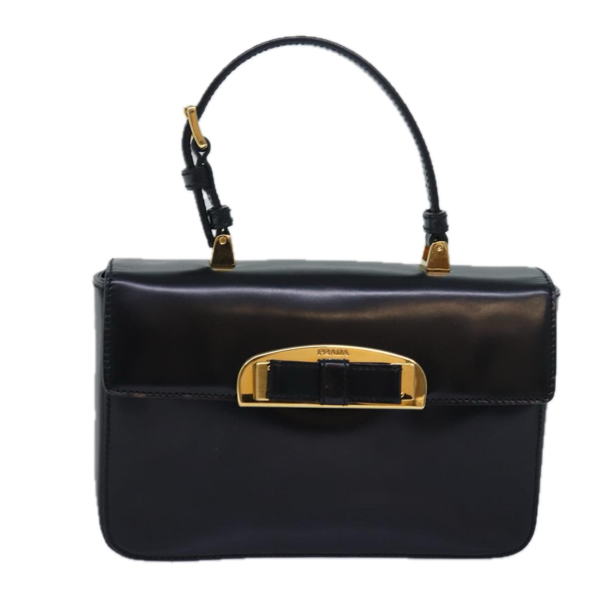 PRADA Ribbon Hand Bag Patent leather Black Auth