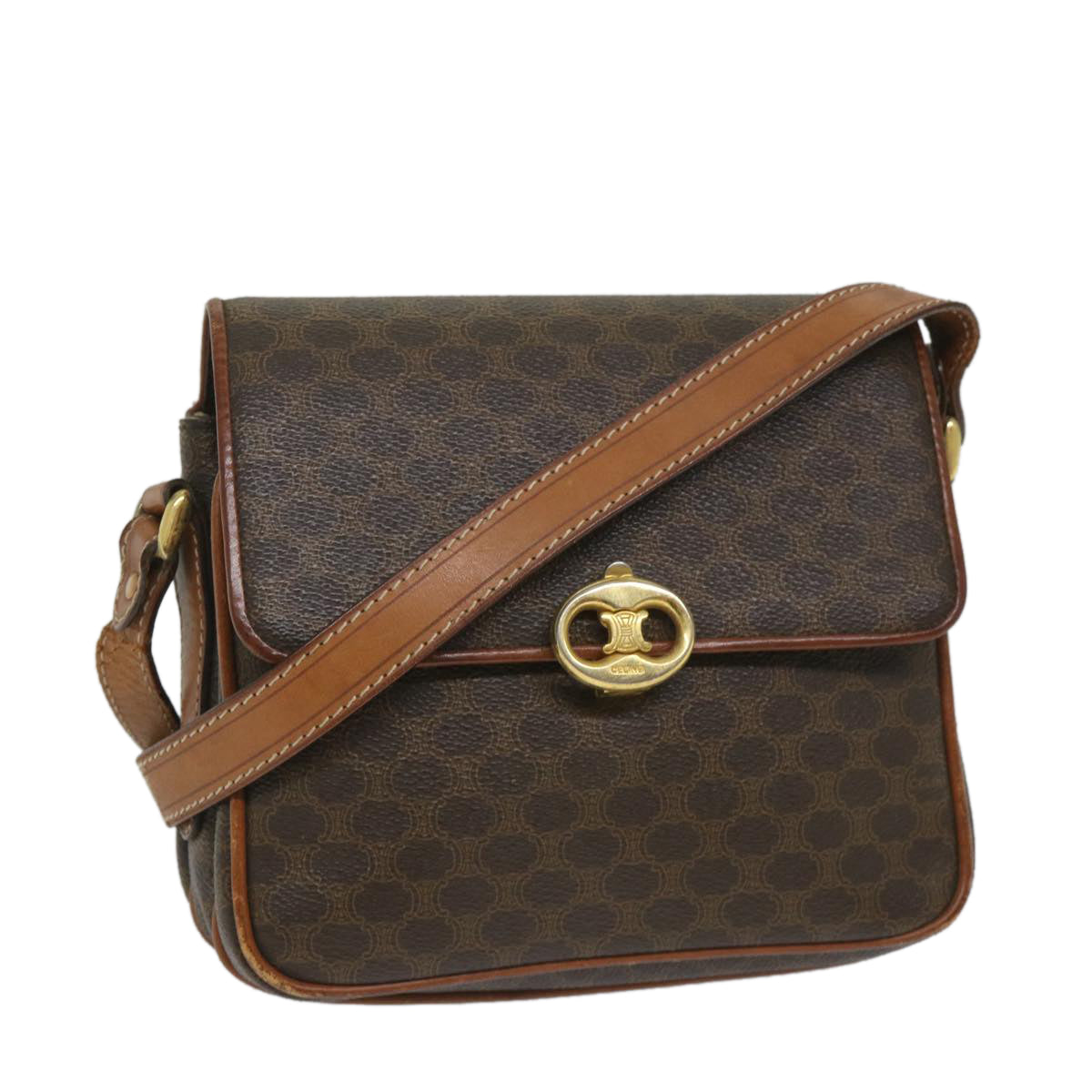 Luxury CELINE Macadam Canvas Shoulder Bag PVC Leather Brown ar10469