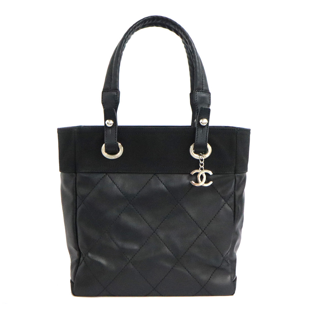 CHANEL CHANEL PARIBIARITZ TOTO PM A34208 Black Silver G Leather 14th Handbag Black Bag