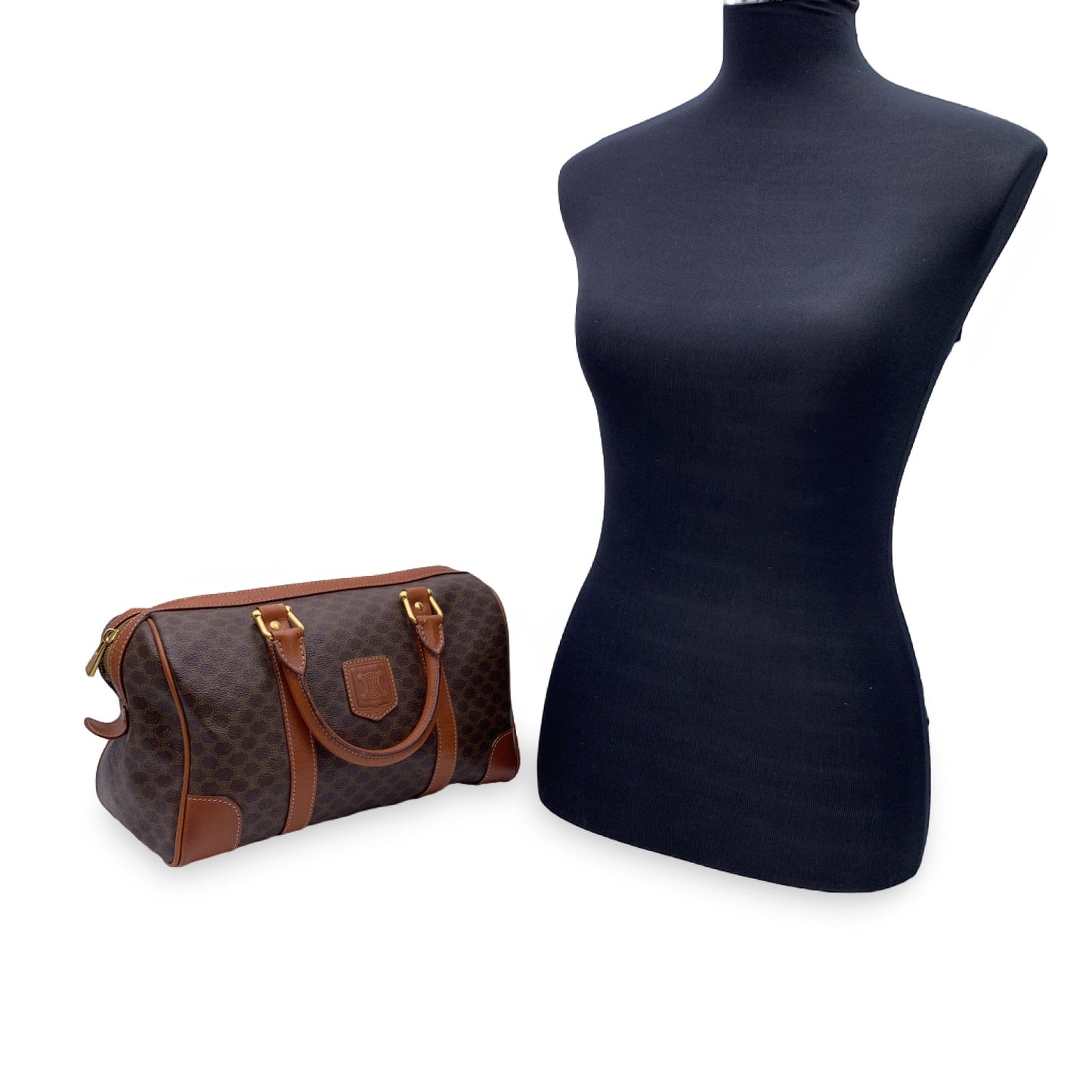 Luxury CELINE Brown Macadam Canvas Boston Bag Duffel Duffle