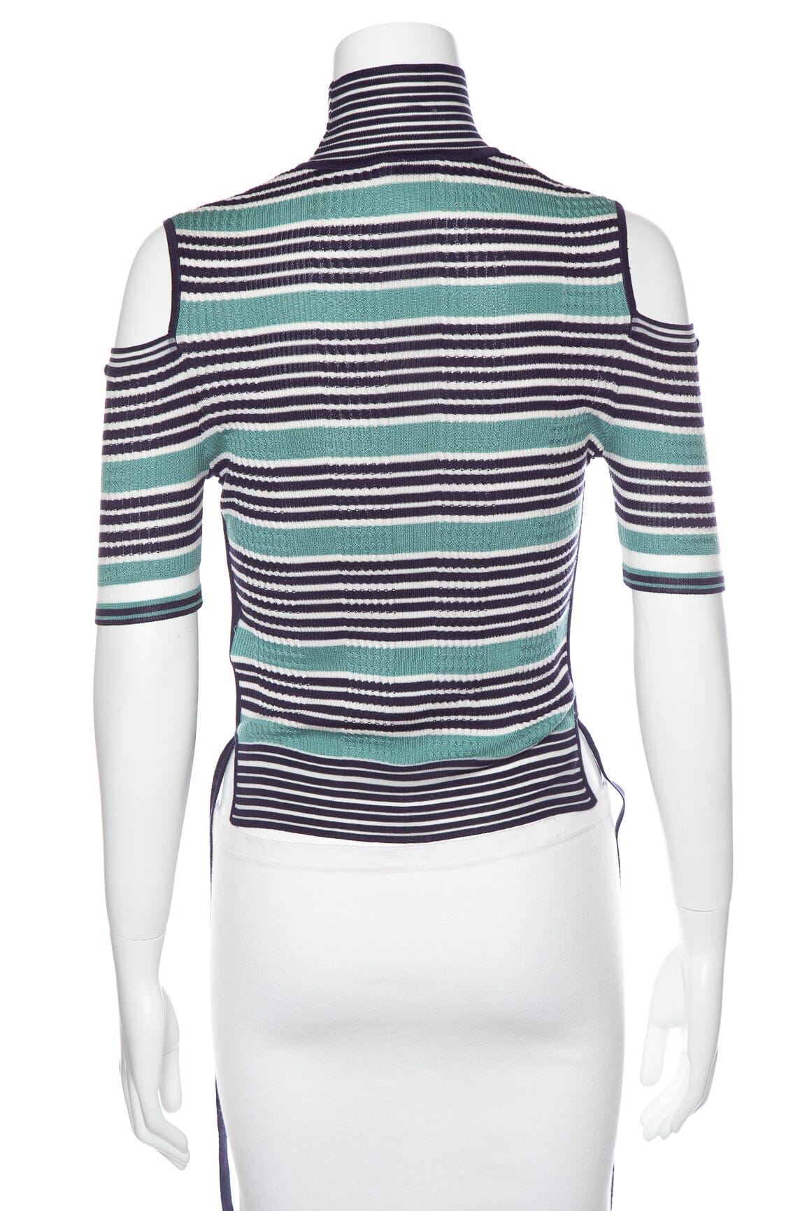 Fendi Teal and Blue Striped Mock Neck Cold Shoulder Top SZ 38