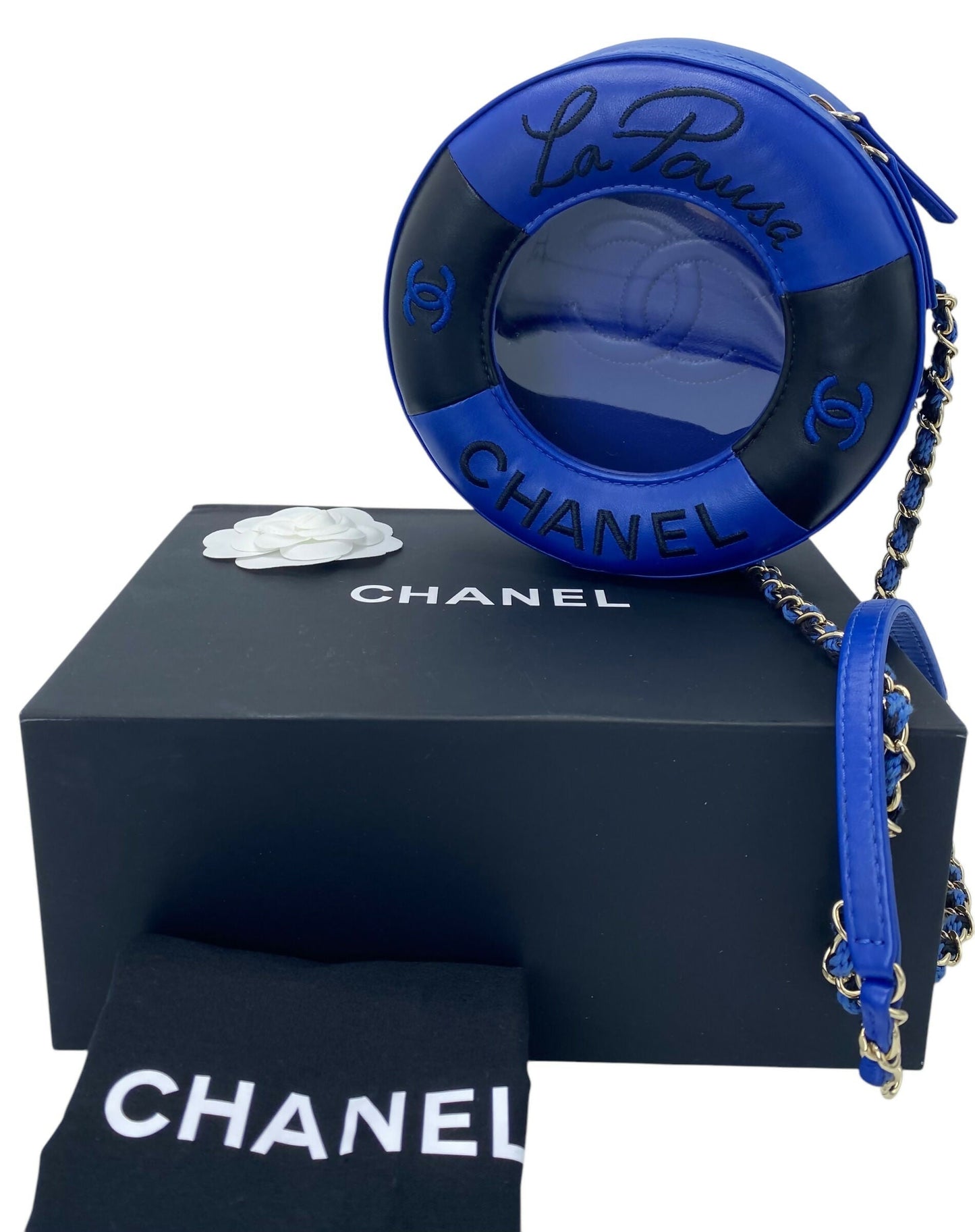 CHANEL 19C LA PAUSA COCO LIFESAVER MINAUDIÃRE BAG BLUE & BLACK WITH CHAMPAGNE GOLD HARDWARE