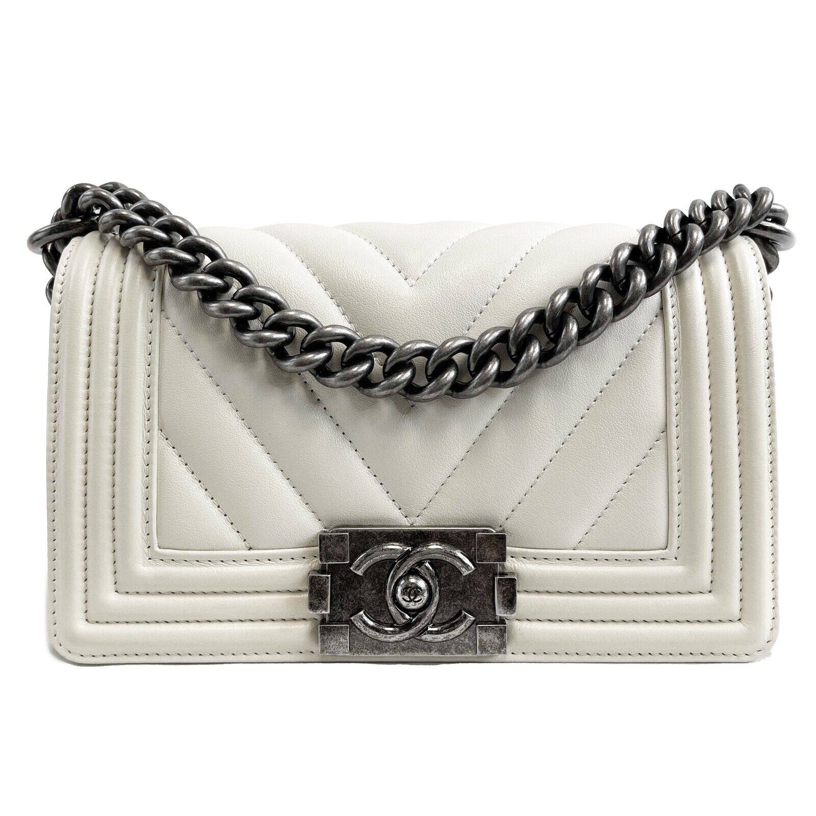 CHANEL Boy Flap Chevron Quilted White Shoulder Bag Mini