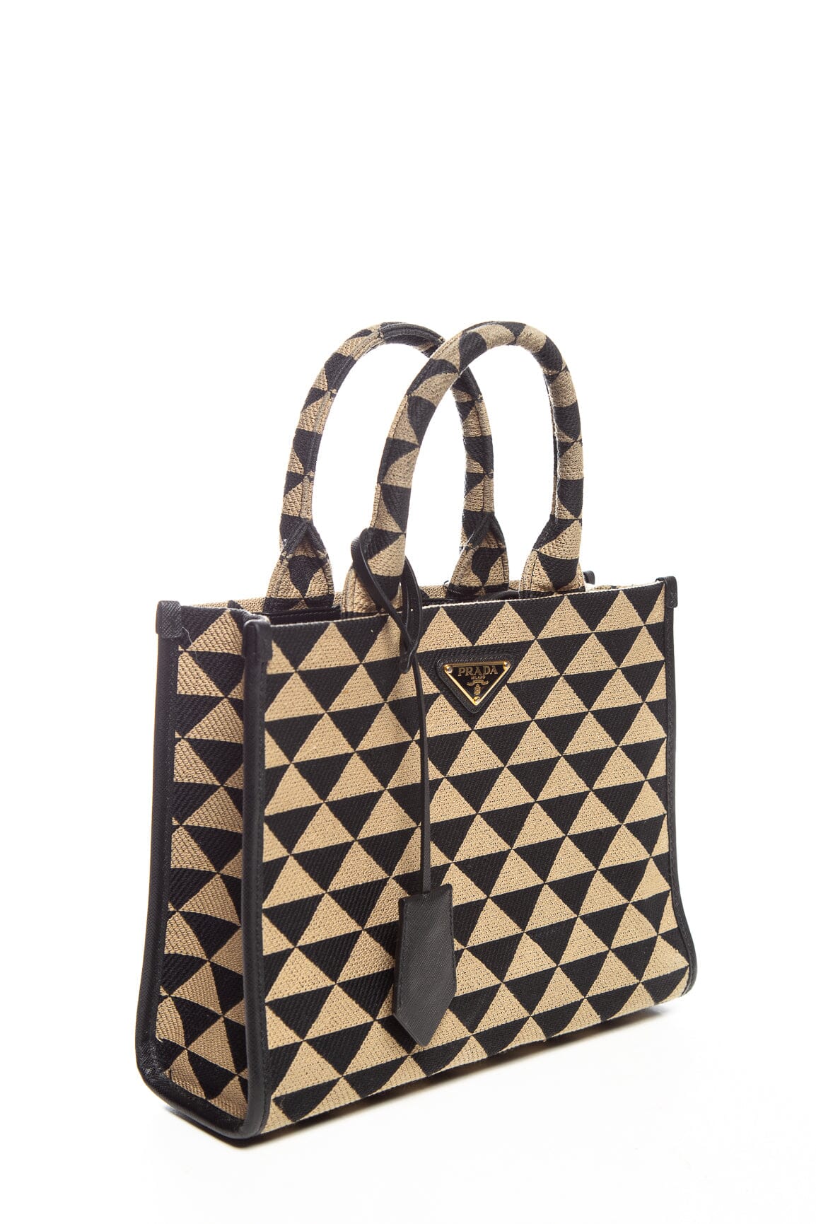 Prada Tan and Black Enameled Metal Triangle Small Symbole Shoulder Bag