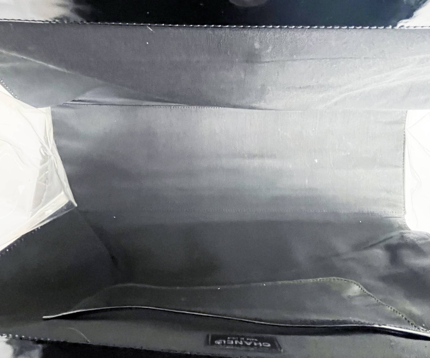 CHANEL Black Patent Leather Punch Hole Clear Handle XXL Handbag