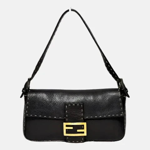 Fendi Baguette Selleria Calfskin Leather Sellier Stitching Redyed Black Shoulder Bag