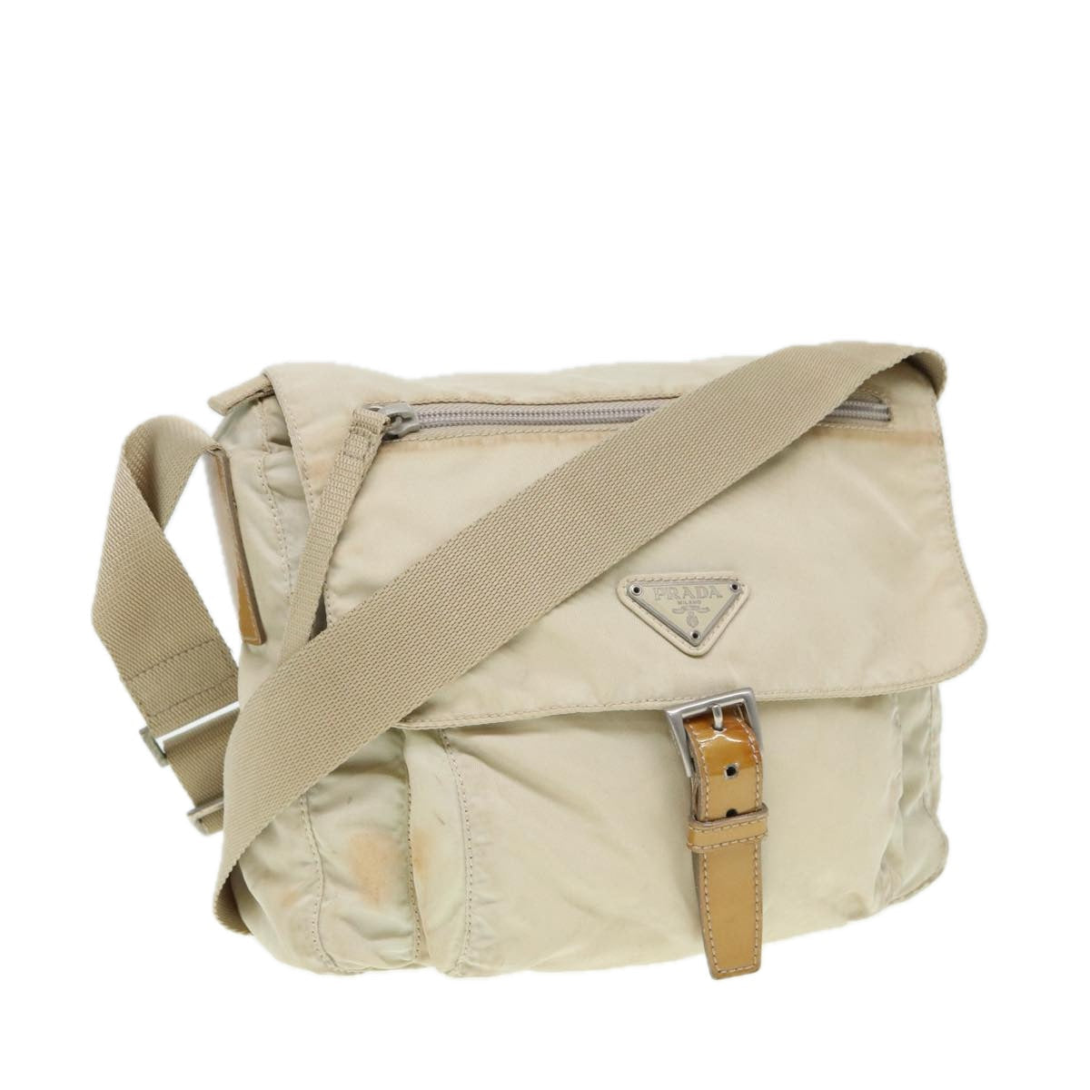 PRADA Shoulder Bag Nylon Beige Silver Auth