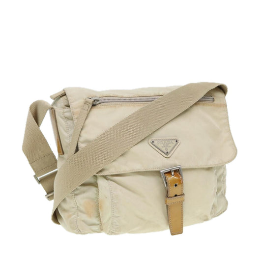 PRADA Shoulder Bag Nylon Beige Silver Auth