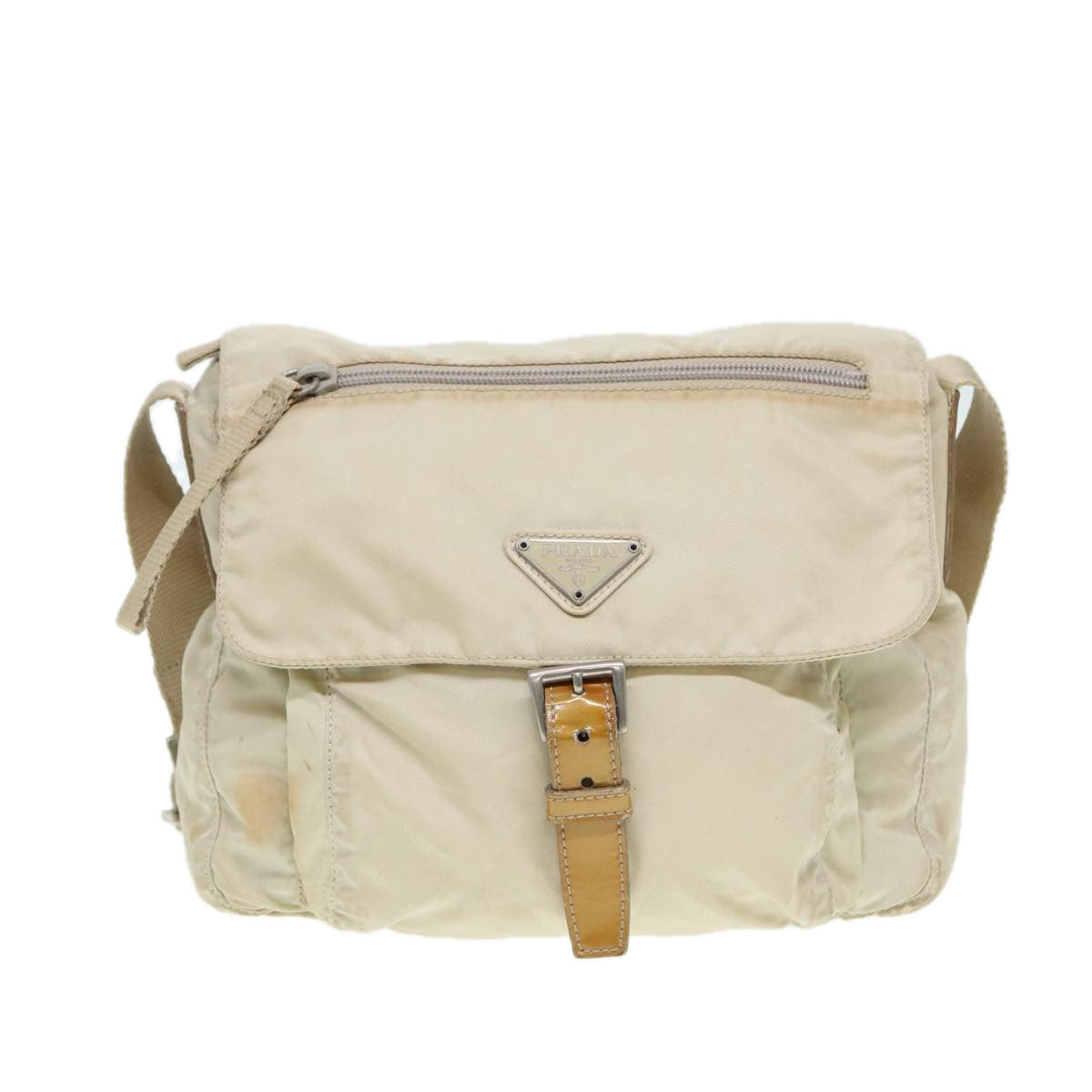 PRADA Shoulder Bag Nylon Beige Silver Auth
