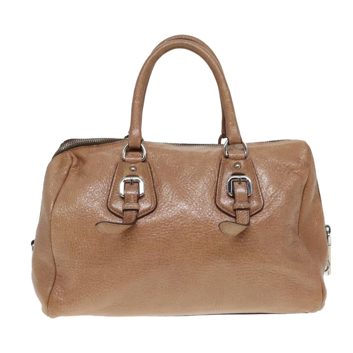 PRADA Hand Bag Leather Beige Silver Auth