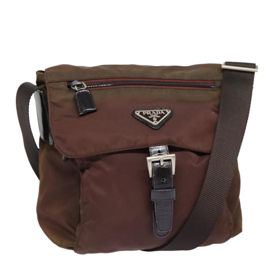 PRADA Shoulder Bag Nylon Brown Silver Auth