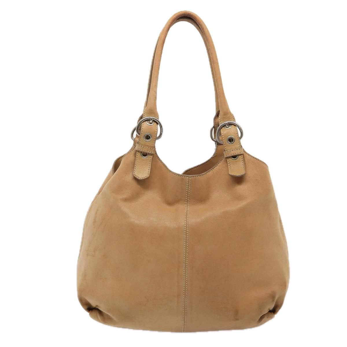PRADA Shoulder Bag Leather Beige Silver Auth