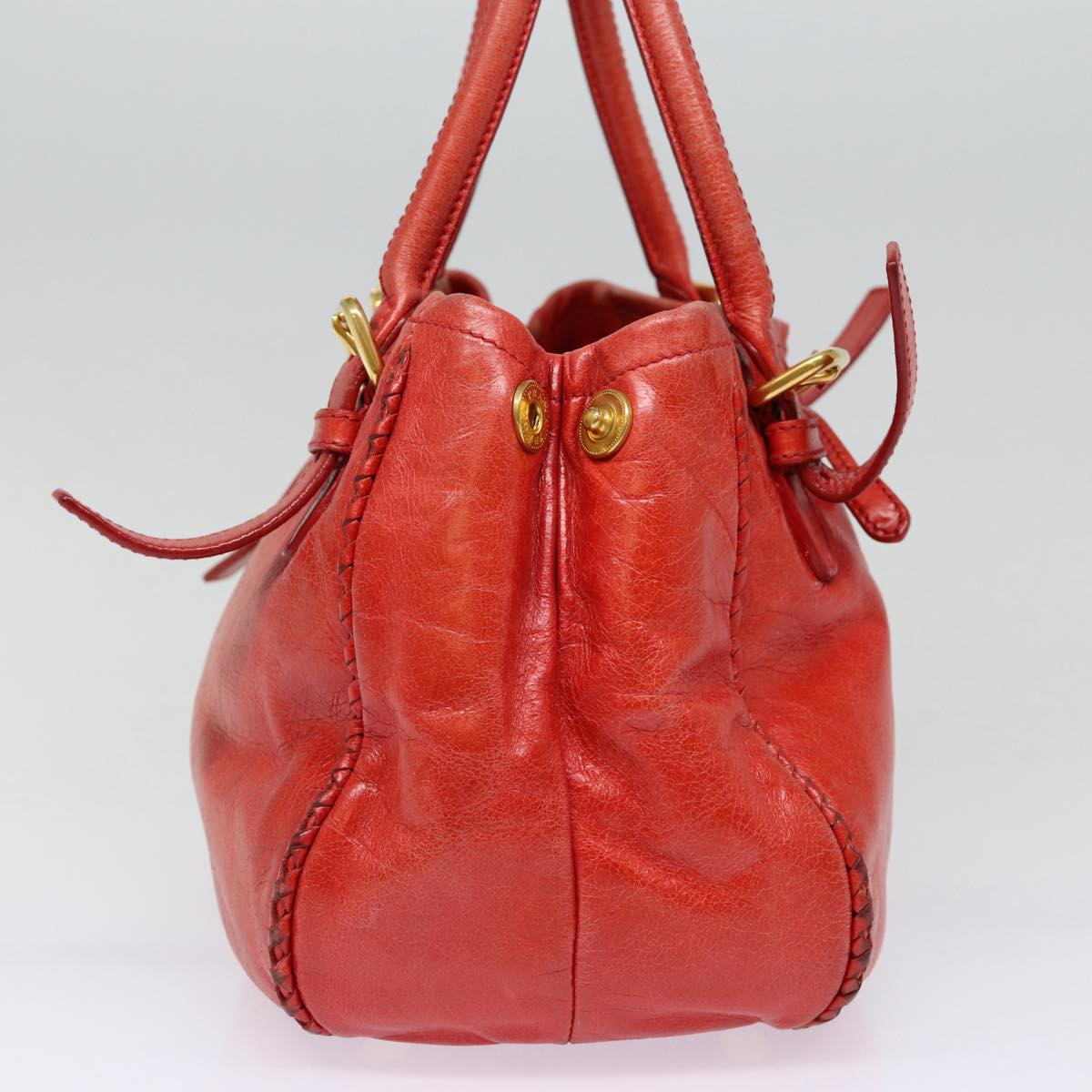PRADA Hand Bag Leather Red Gold Auth