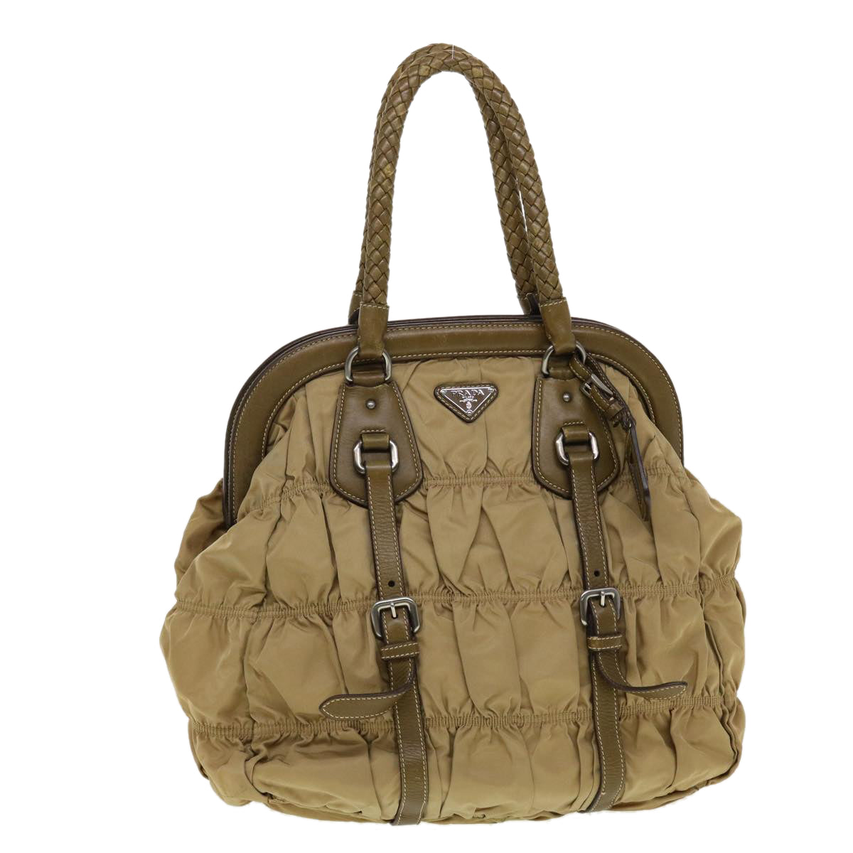 PRADA Clasp Shoulder Bag Nylon Beige Auth