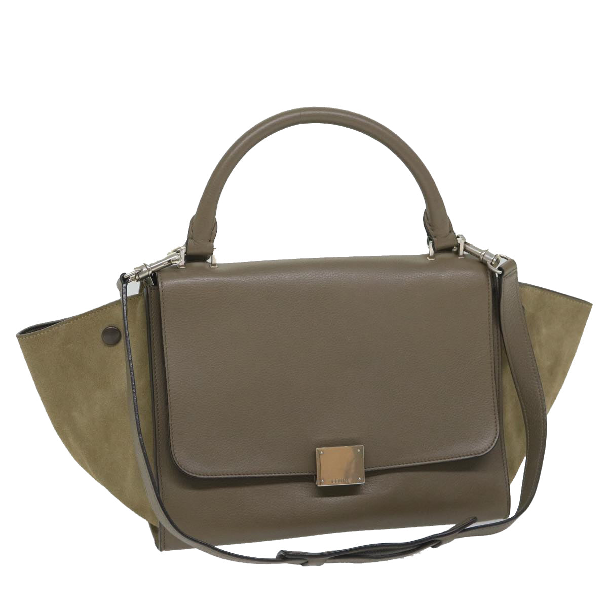Luxury CELINE Trapeze Hand Bag Leather 2way Brown Gray 8887