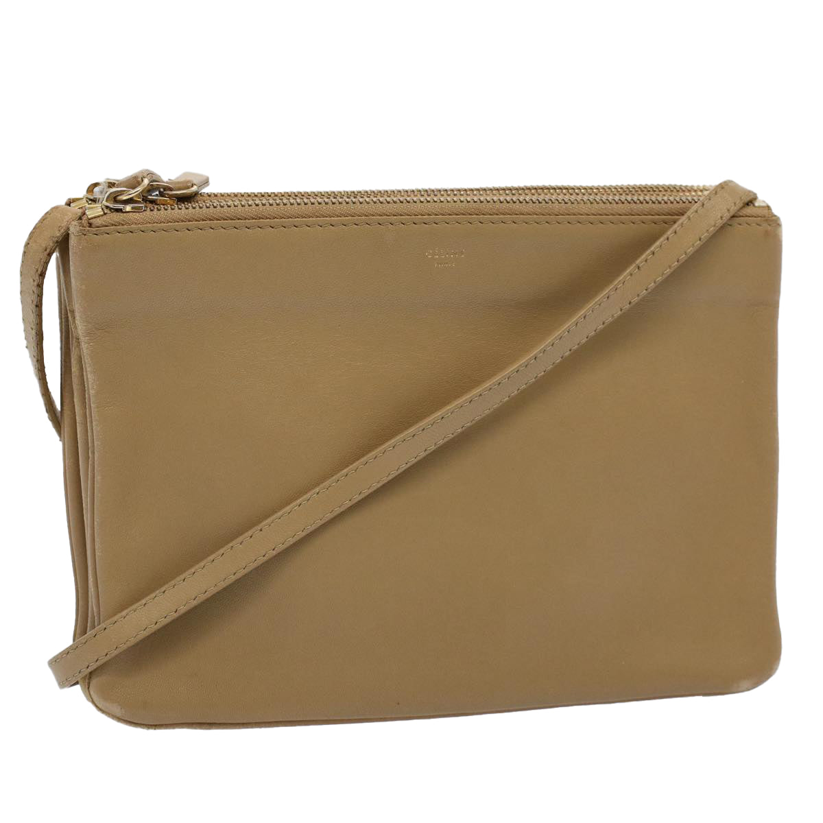 Luxury CELINE Trio PM Shoulder Bag Leather Beige 9583