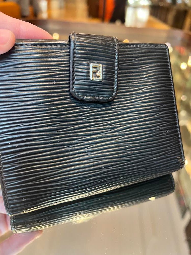 Fendi FF Black Ribbed Leather Compact Wallet