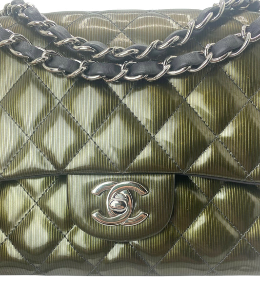 Chanel Medium Dark Green Straited Patent Leather Double Flap Timeless Classic Bag SHW