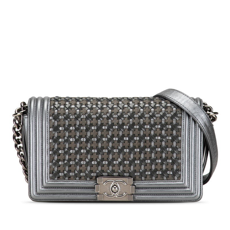 Chanel Boy Chanel 25 Chain Shoulder Bag Khaki Silver Leather CHANEL