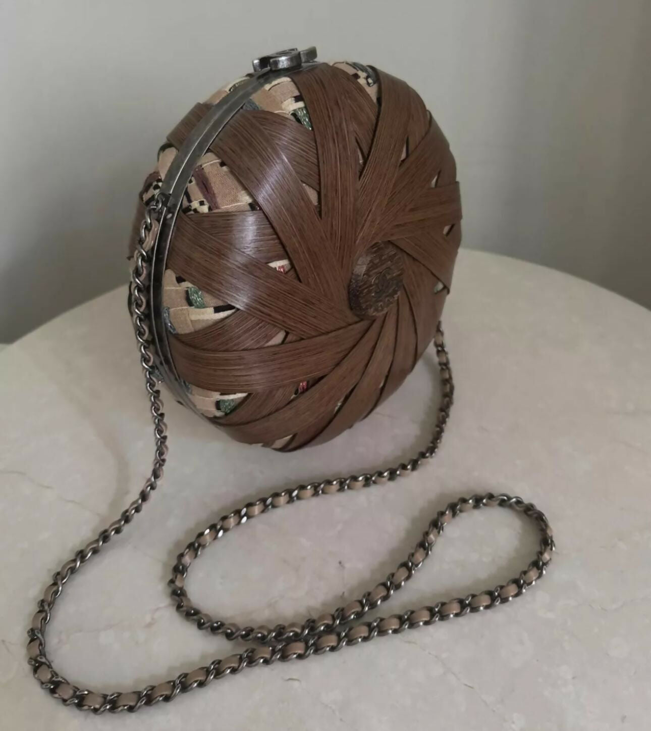 Chanel Havana By Night  Round Woven Wood and Tweed MinaudiÃ¨re