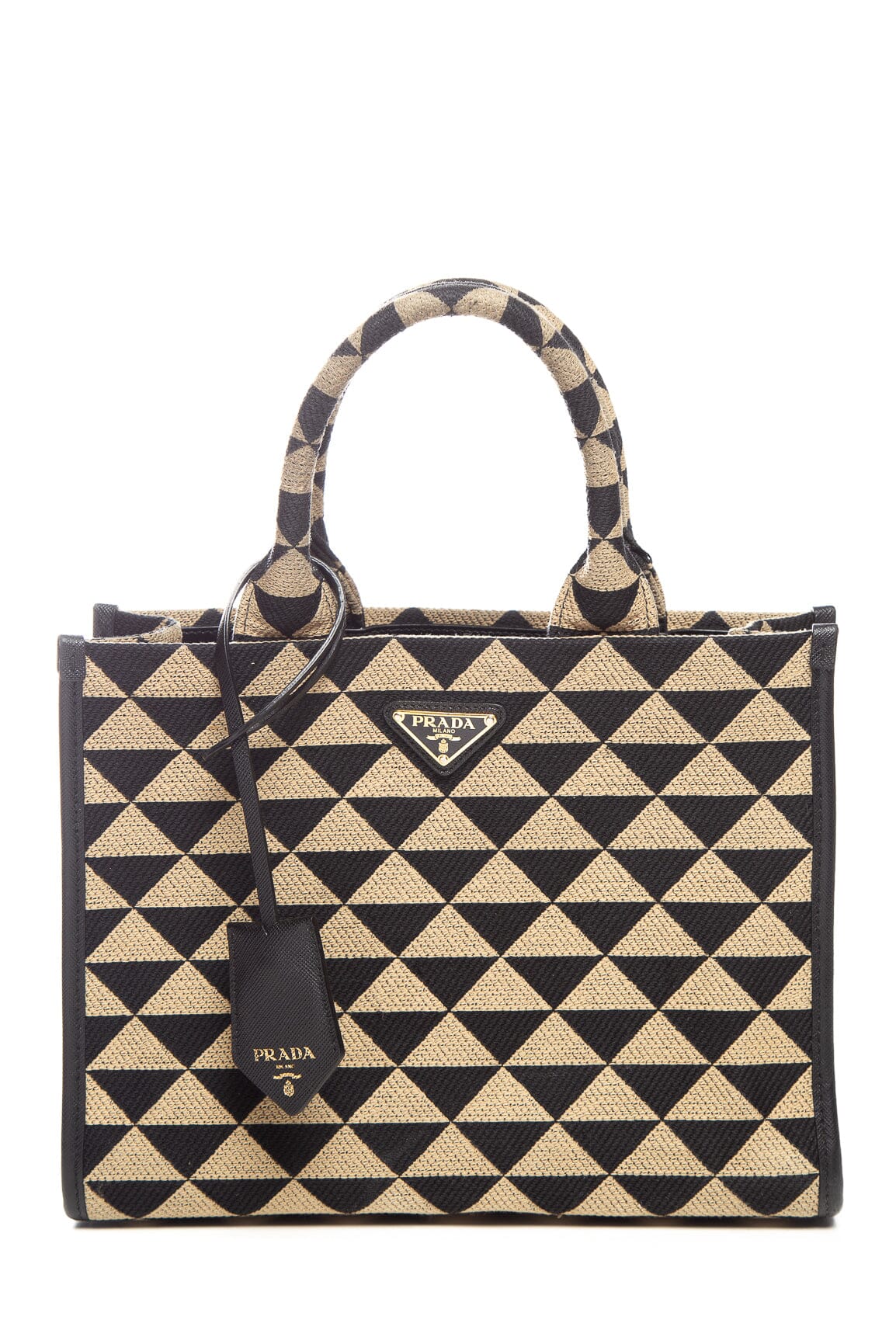 Prada Tan and Black Enameled Metal Triangle Small Symbole Shoulder Bag