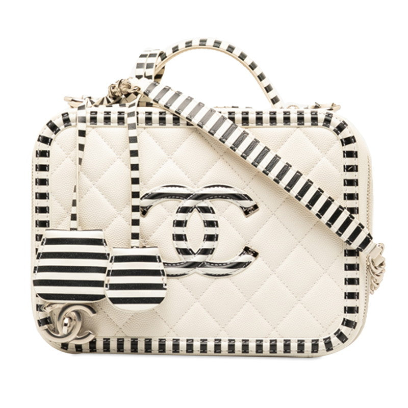 Chanel CC Filigree Chain Shoulder Bag Vanity Bag White Black Canvas CHANEL