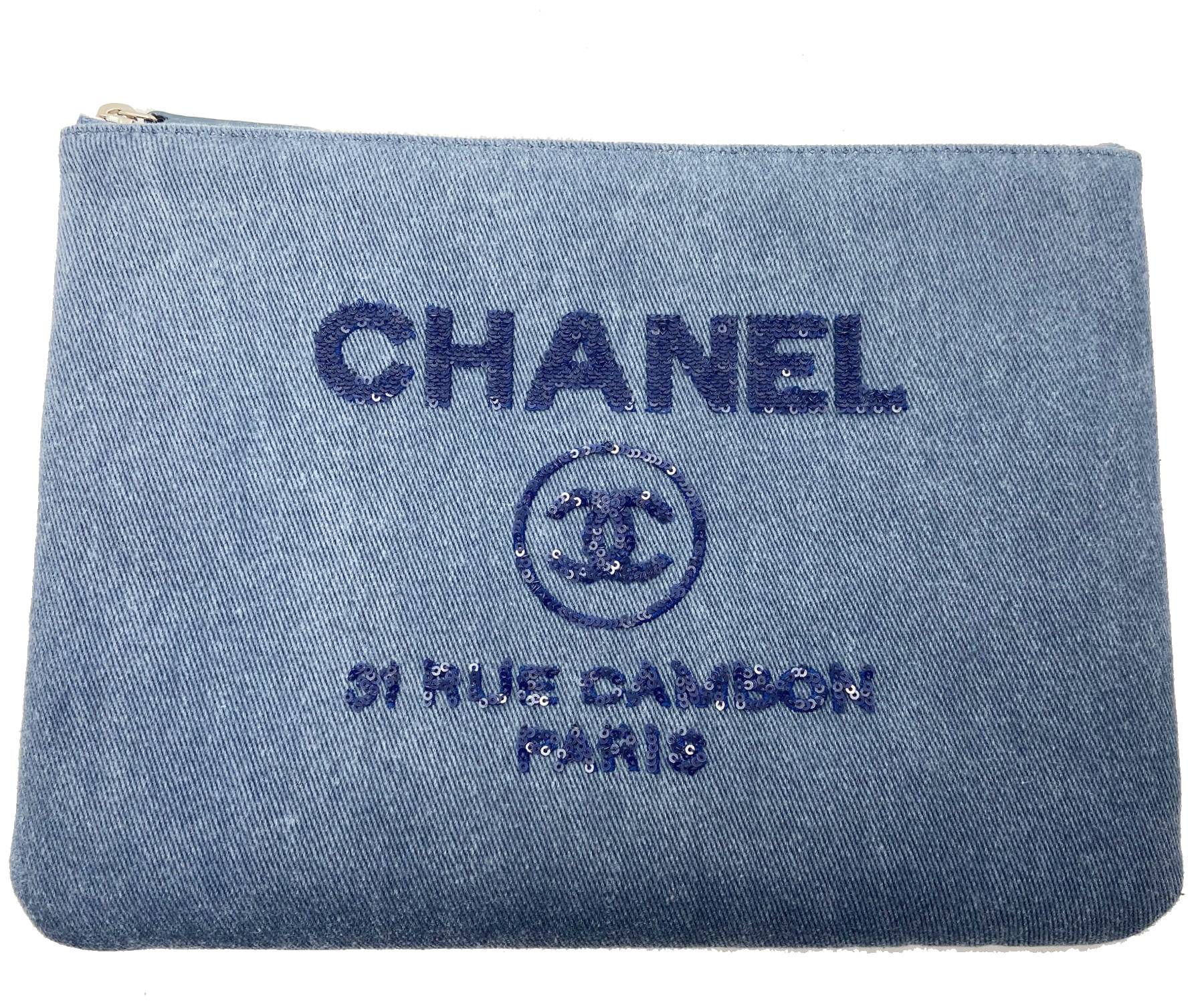 CHANEL Brand New Deauville Blue Denim Sequin Large Clutch