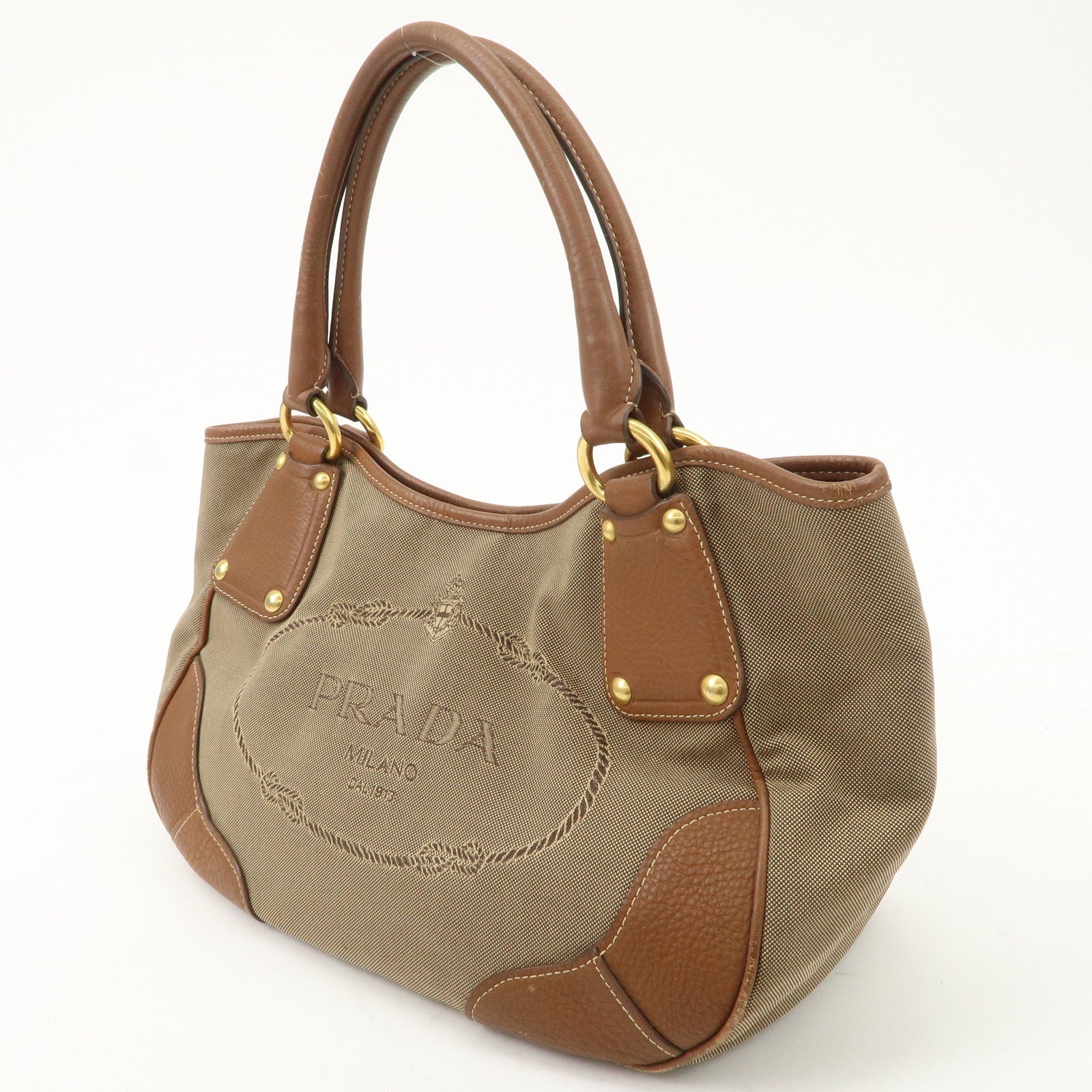 PRADA Logo Jacquard Leather Tote Bag Hand Bag Brown BR4635