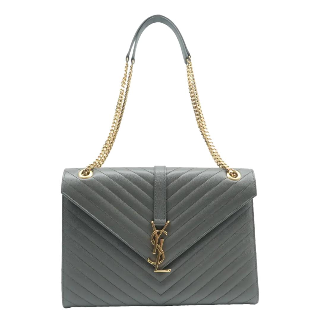 SAINT LAURENT Large Envelope Chevron Leather Shoulder Bag Gray