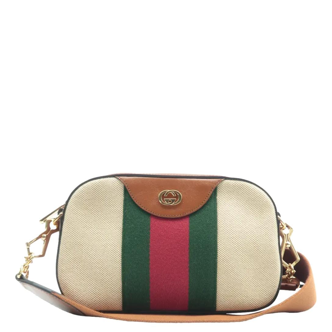 GUCCI Web Canvas Shoulder Bag Beige 575073