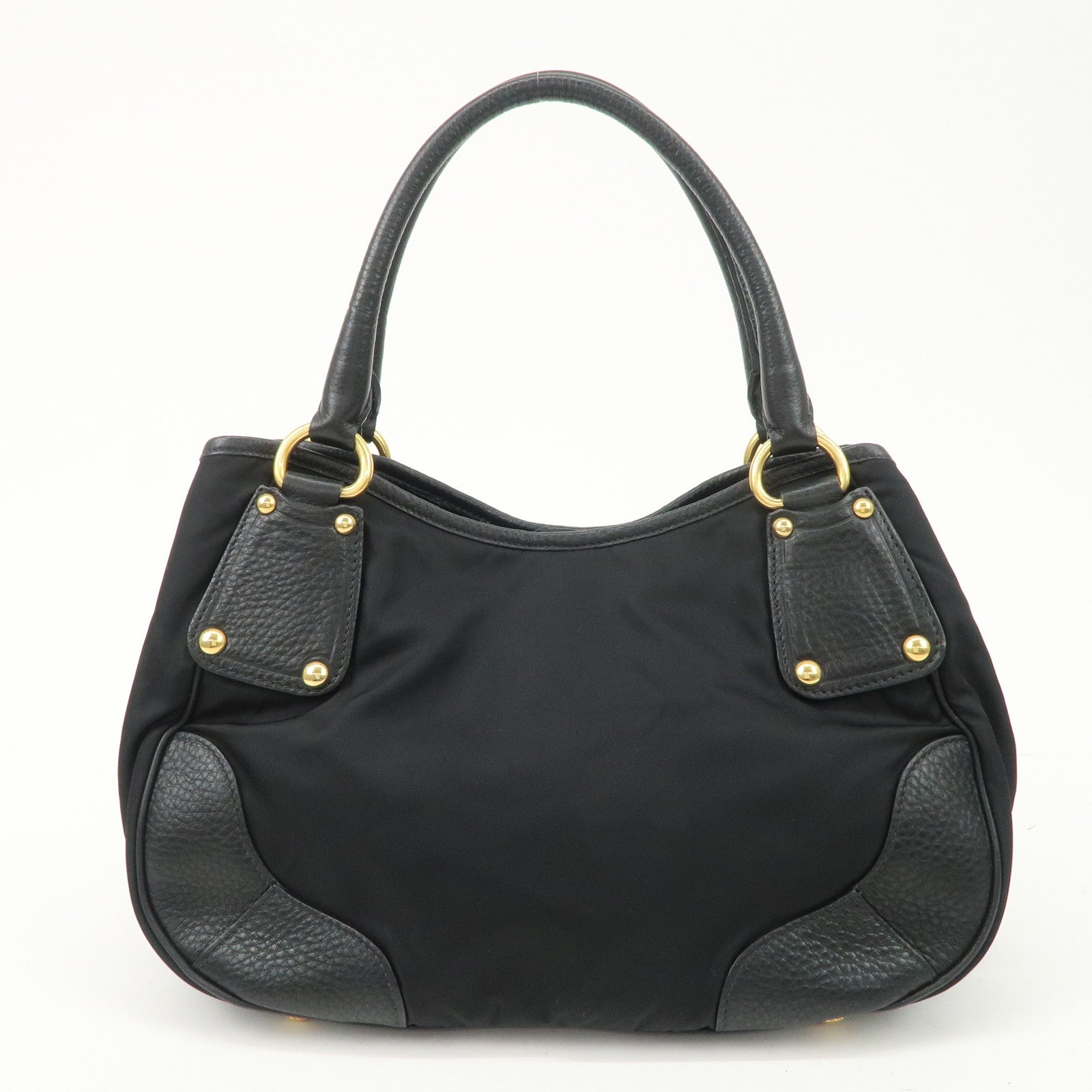 PRADA Nylon Leather Tote Bag Shoulder Bag Black Gold HDW BR4635