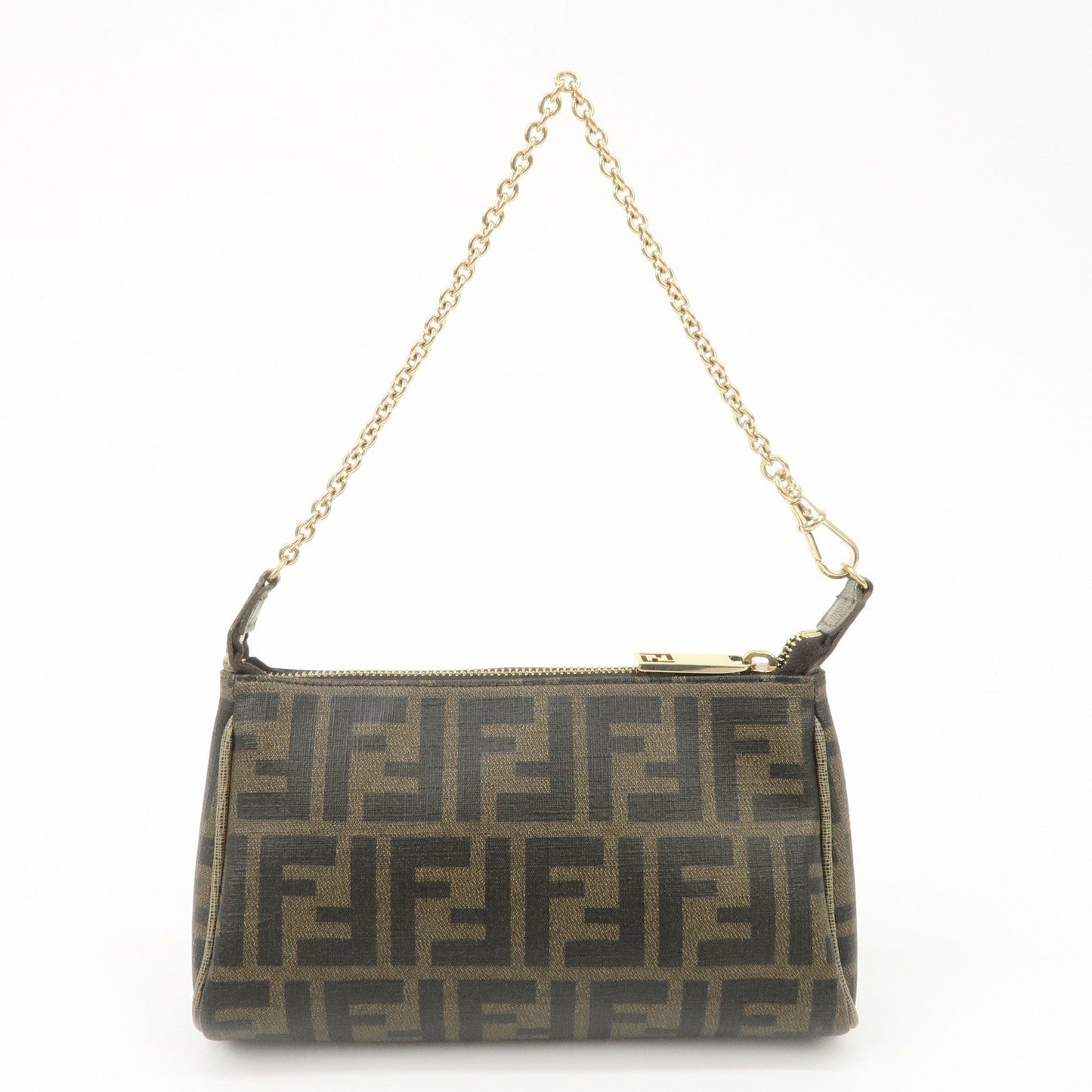FENDI Zucca PVC Leather Chain Accessory Pouch Hand Bag Brown 8M0264