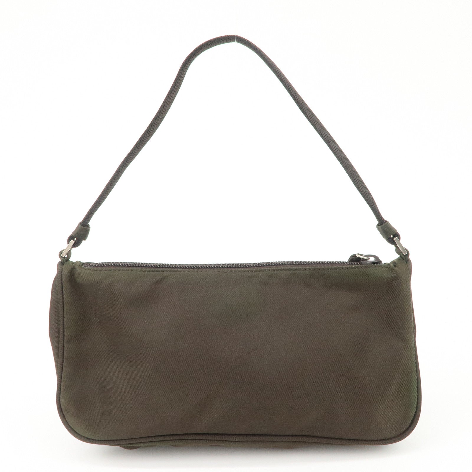 PRADA Triangle Logo Nylon Leather Accessory Pouch Hand Bag Khaki Silver HDW