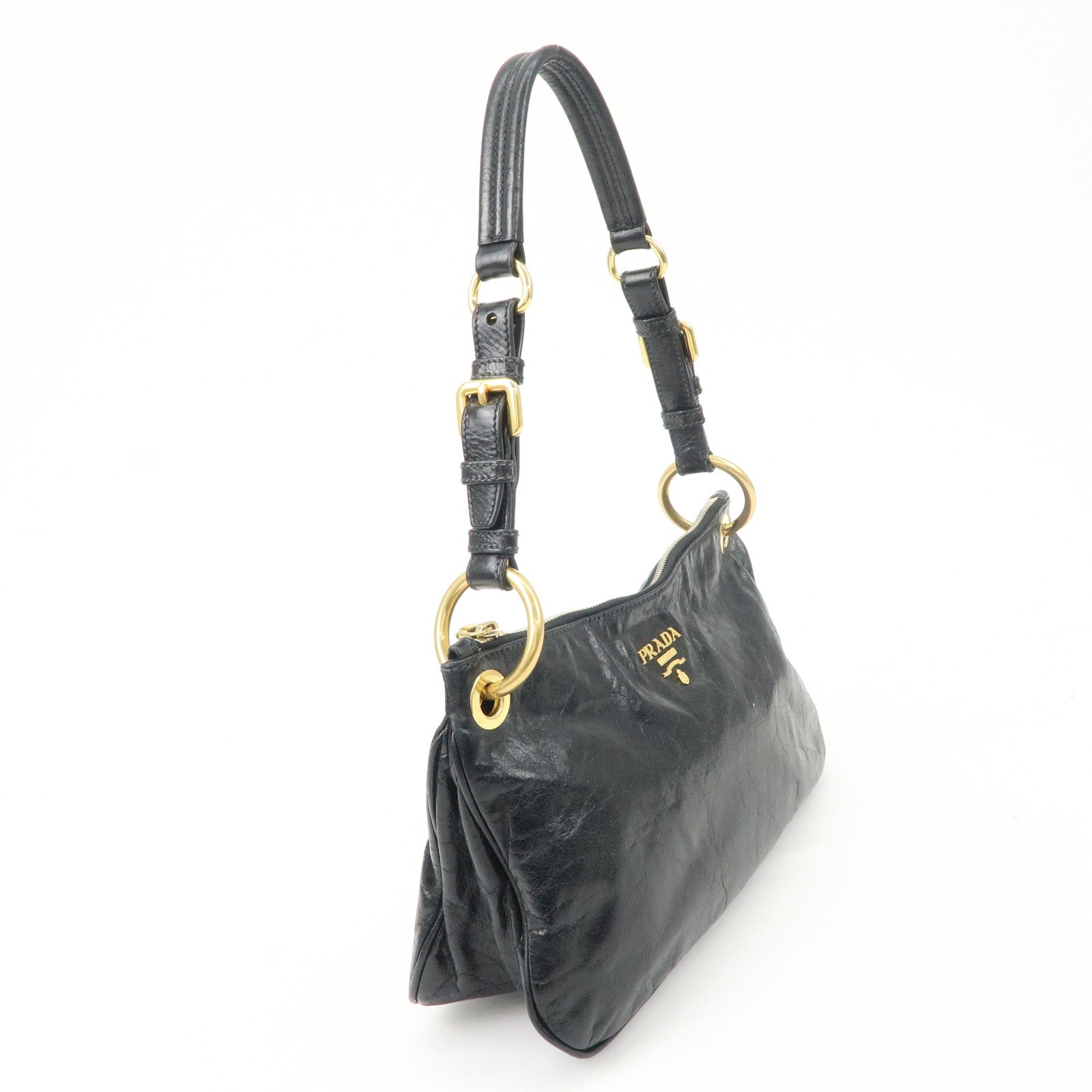 PRADA Logo Leather Shoulder Bag Hand Bag Gold Hardware Black