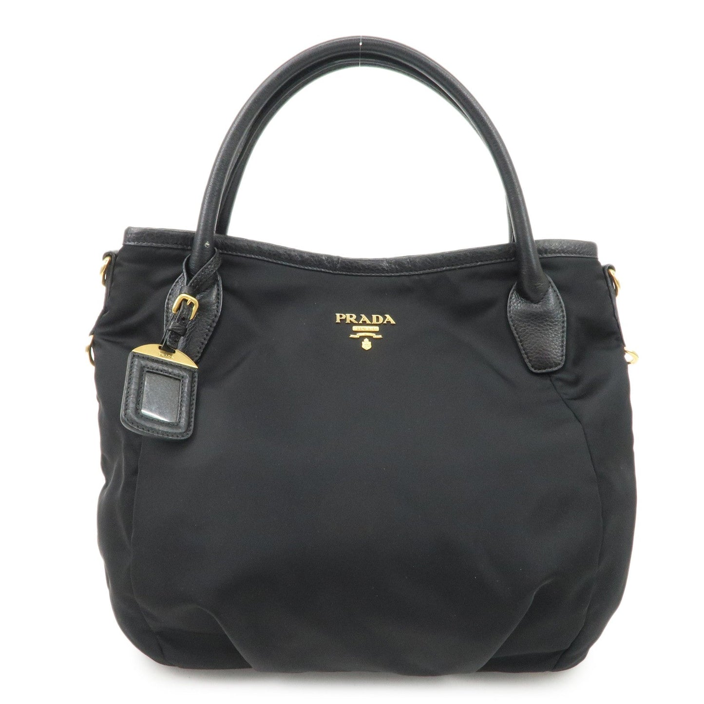 PRADA Logo Nylon Leather 2way Tote Bag Hand Bag Black Gold Hardware