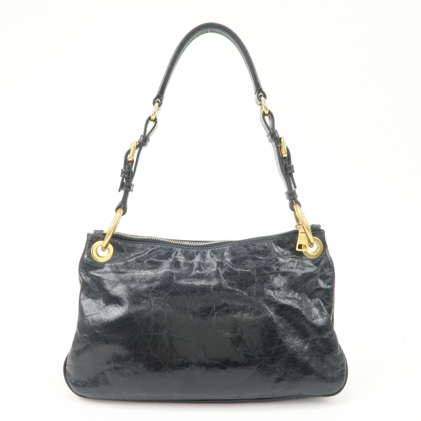 PRADA Logo Leather Shoulder Bag Hand Bag Gold Hardware Black