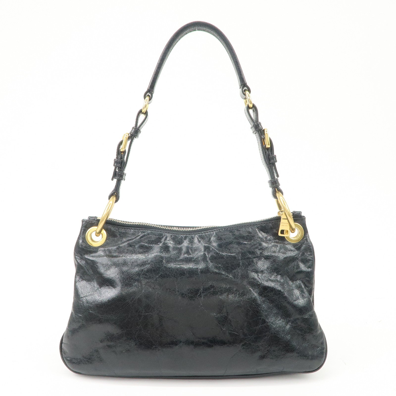 PRADA Logo Leather Shoulder Bag Hand Bag Gold Hardware Black