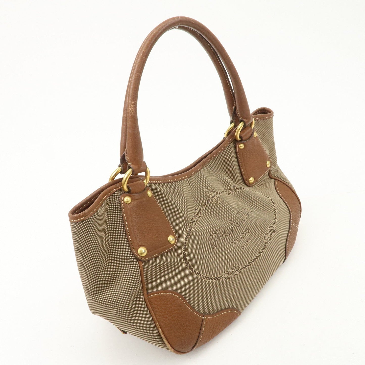 PRADA Logo Jacquard Leather Tote Bag Hand Bag Brown BR4635
