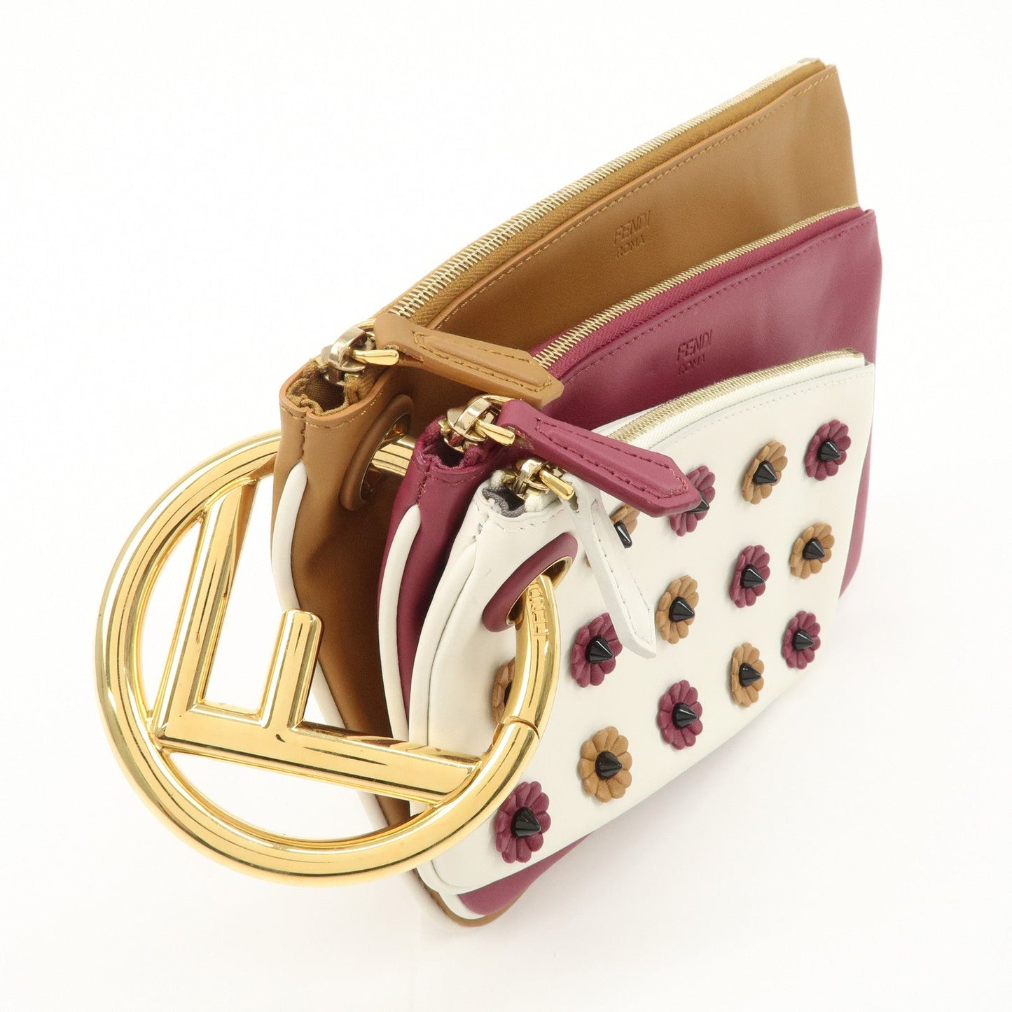 FENDI Leather Flower Studs Triplet Pouch Hand Bag 8BS001