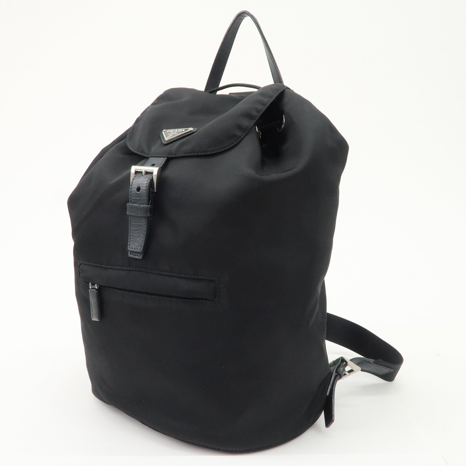 PRADA Triangle Logo Nylon Leather Backpack Ruck Sack Black